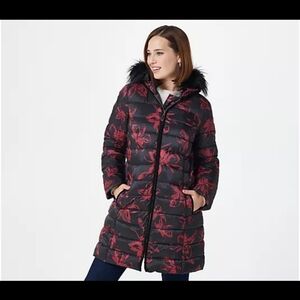 Dennis Basso Printed Water Resistant Quilted Coat w/ Black Velvet Trim